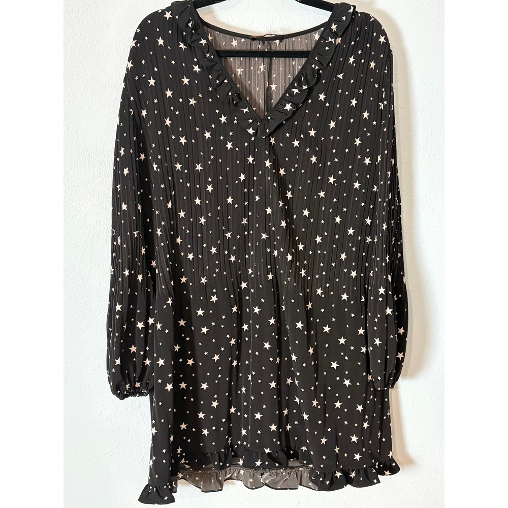 Maje Pleated Flowing Star Print Mini Dress Black Ruffle Celestial Parisian